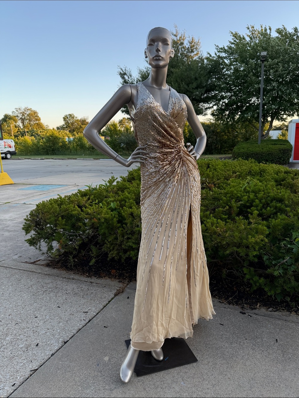 Terani Couture Champagne Sequin V-Neck Evening Gown Size 6